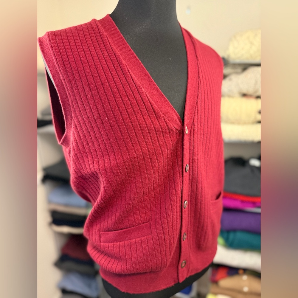 Cashmere Golf Vest/Waistcoat, Maroon, With Pockets, L